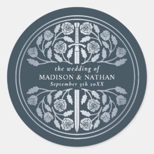Silver Grey Royal Medieval Sword Wedding Classic Round Sticker