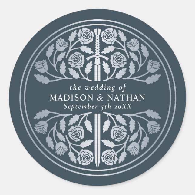 Silver Grey Royal Medieval Sword Wedding  Classic Round Sticker (Front)