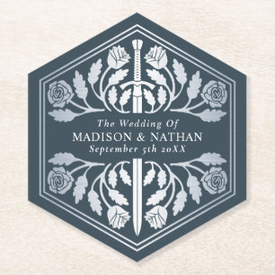 Silver Grey Royal Medieval Sword Wedding Paper Coaster