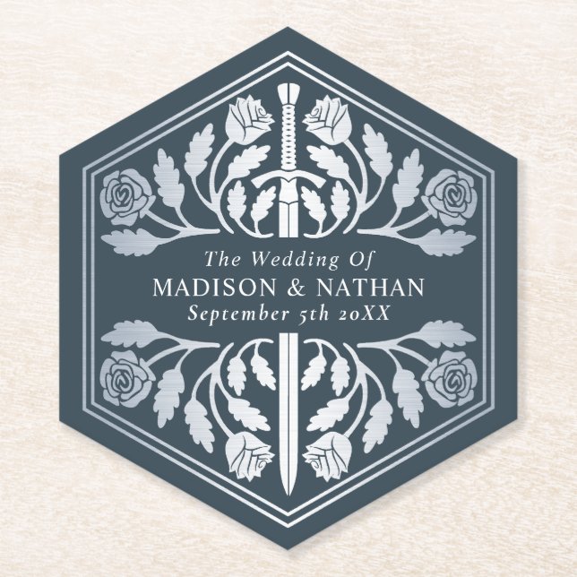 Silver Grey Royal Medieval Sword Wedding Paper Coaster (Front)