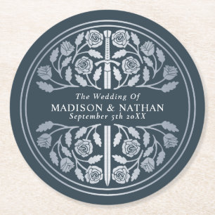 Silver Grey Royal Medieval Sword Wedding Round Paper Coaster