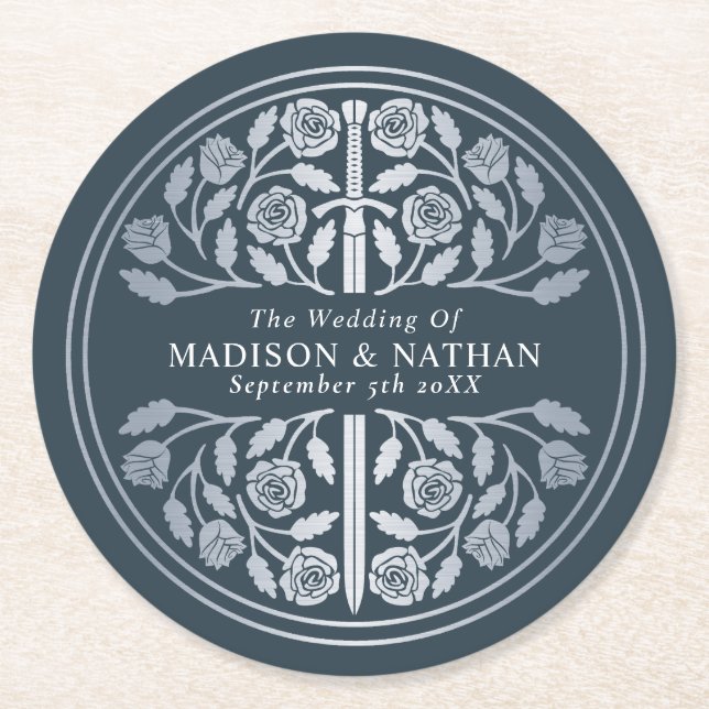 Silver Grey Royal Medieval Sword Wedding Round Paper Coaster (Front)