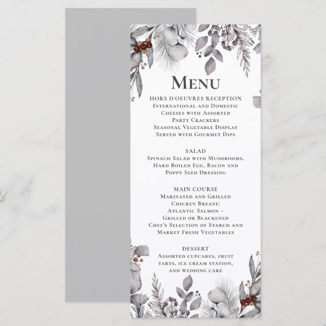 Silver, Grey, Rust Brown Bird Winter Botanical  Me Menu (Front/Back)