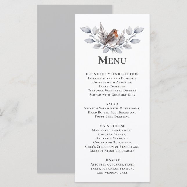 Silver, Grey, Rust Brown Bird Winter Botanical  Menu (Front/Back)