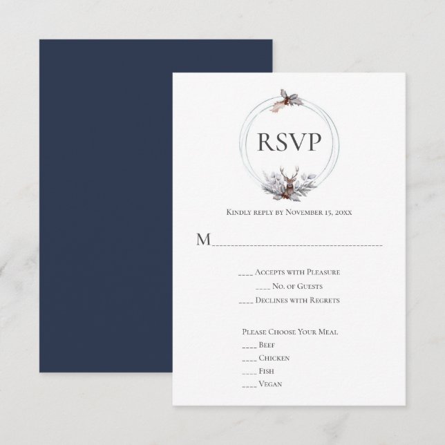 Silver Grey Rust Navy Deer Antler Wedding RSVP Card (Front/Back)