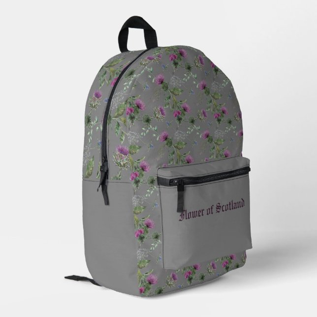 Silver Grey Scottish Thistle Flower of Scotland Printed Backpack (Back Corner Left)
