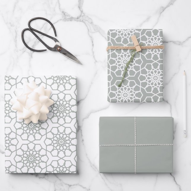Silver Grey Seamless Arabesque Pattern Wrapping Paper Sheet (Front)
