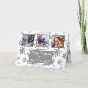 Silver Grey Snowflake 3 Photo Collage Personalized Holiday Card