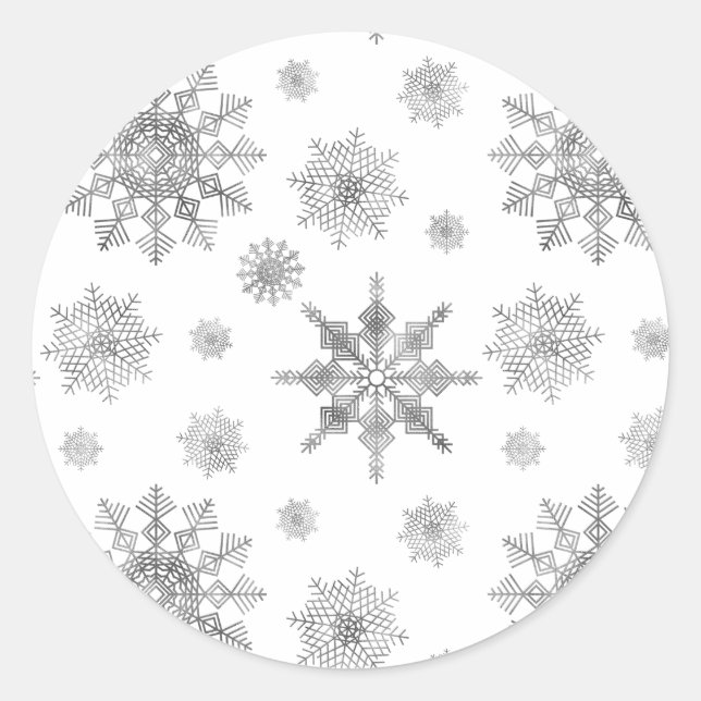 Silver Grey Snowflake Shapes Classic Round Sticker (Front)