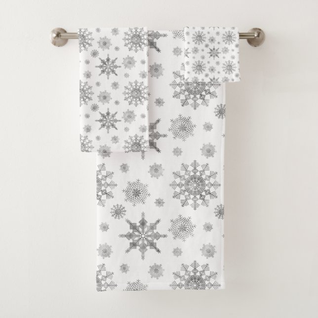 Silver Grey Snowflakes Pattern Bath Towel Set (Insitu)