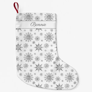 Silver Grey Snowflakes Pattern & Custom Name Small Christmas Stocking