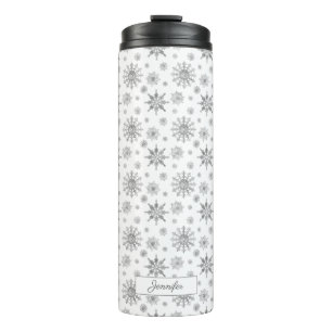 Silver Grey Snowflakes Pattern & Custom Name Thermal Tumbler