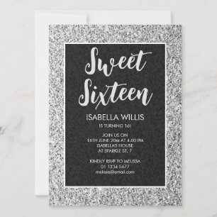 Silver grey sparkles Sweet 16 elegant script Invitation
