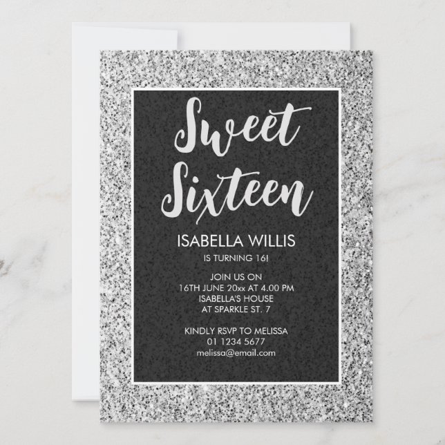 Silver grey sparkles Sweet 16 elegant script Invitation (Front)