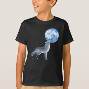 Silver Grey Spirit Wolf Howling at Blue Moon T-Shirt