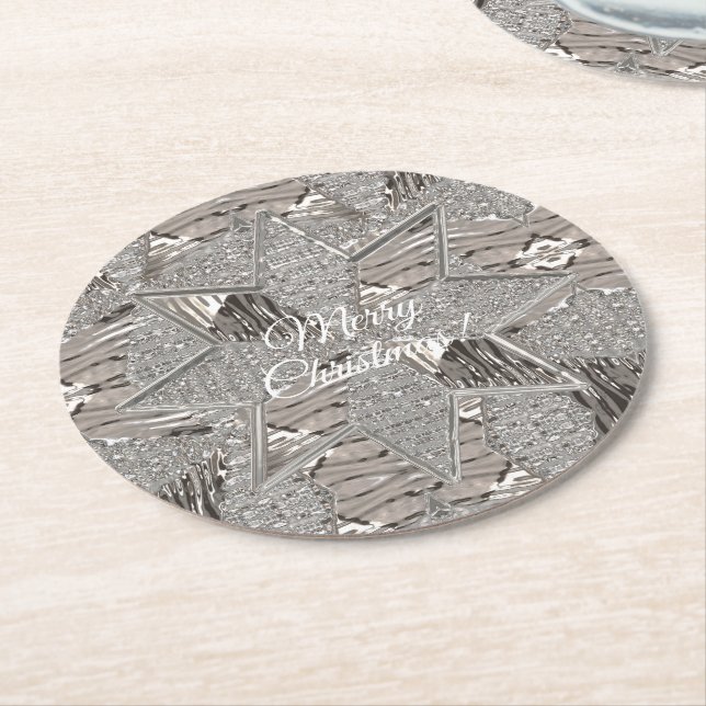 Silver Grey Star Merry Christmas or Your Text Round Paper Coaster (Angled)