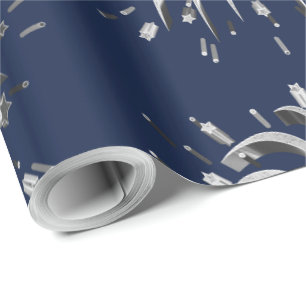 Silver Grey Stars Fireworks Elegant Blue Christmas Wrapping Paper