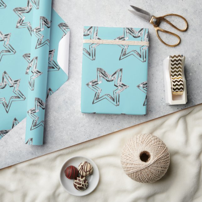 Silver Grey Stars Light Blue Turquoise Christmas Wrapping Paper (Crafts)