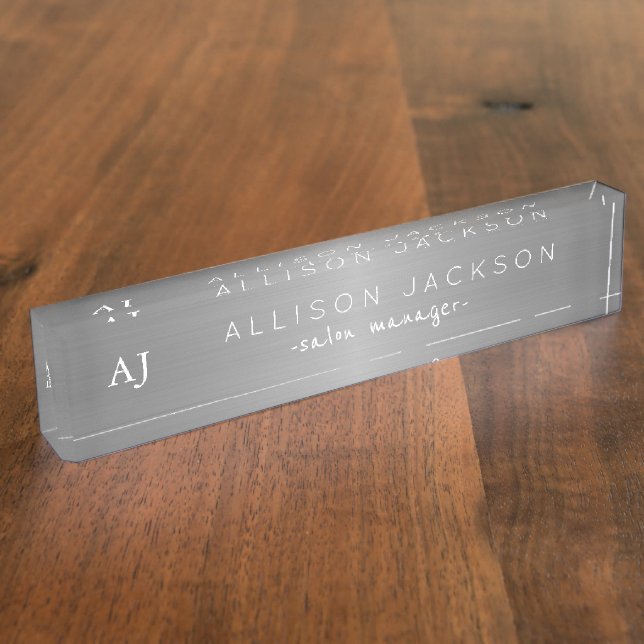 Silver grey steel metallic business name monogram nameplate (Side)