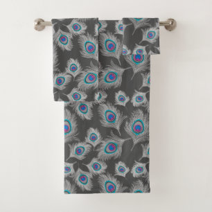 Silver Grey & Turquoise Peacock Feather Bath Towel Set