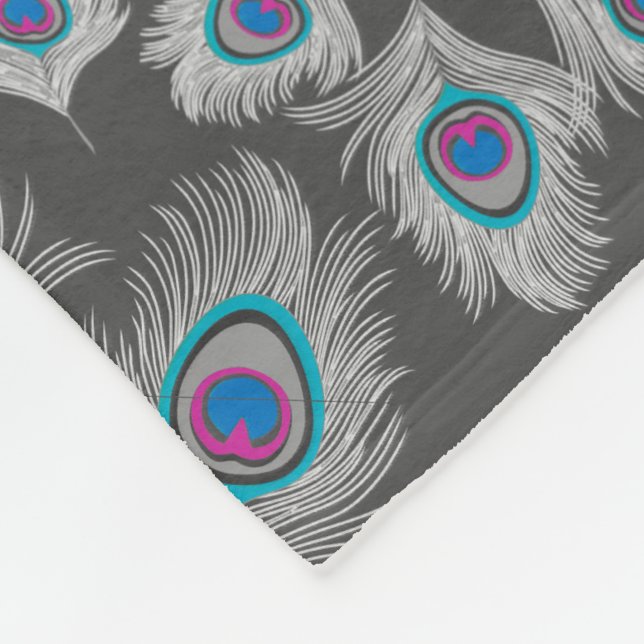 Silver Grey & Turquoise Peacock Feathers Fleece Blanket (Corner)