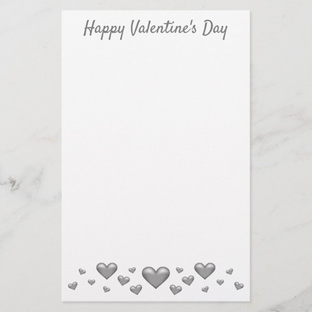 Silver Grey Valentine's Day Hearts & Custom Text Stationery (Front)