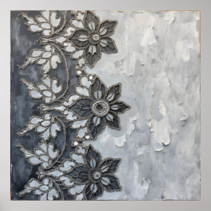 Silver Grey Victorian Floral Lace Art Poster