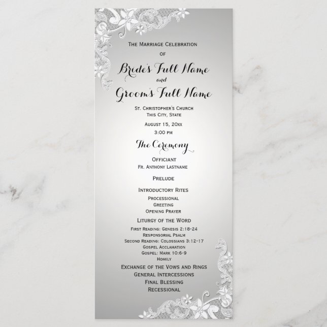 Silver Grey Vintage Floral Lace Programme de maria (Devant)