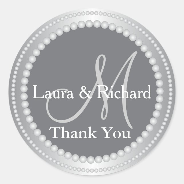 Silver Grey Wedding Favour Thank You Monogram Classic Round Sticker (Front)