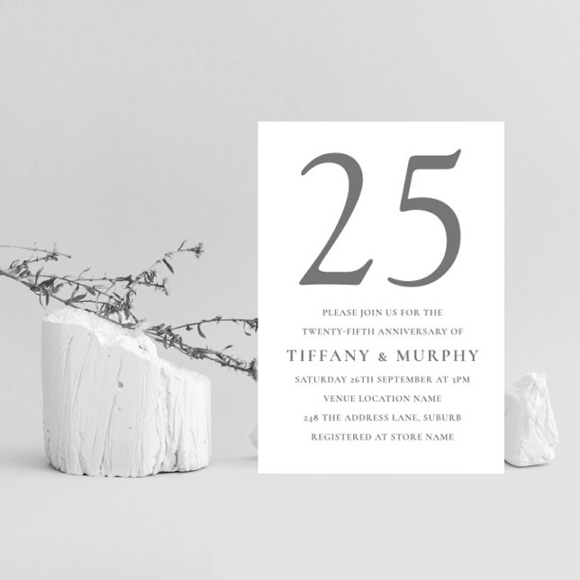 Silver Grey & White 25th Wedding Anniversary Invitation (Creator Uploaded)