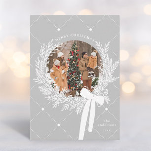 Silver Grey & White Christmas Wreath Photo Holiday Card