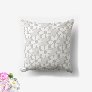 Silver Grey & White Flowers on Light Grey Throw Pillow
