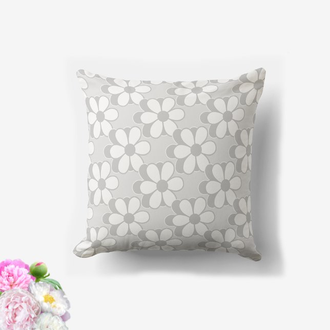 Silver Grey & White Flowers on Light Grey Throw Pillow (Creator Uploaded)