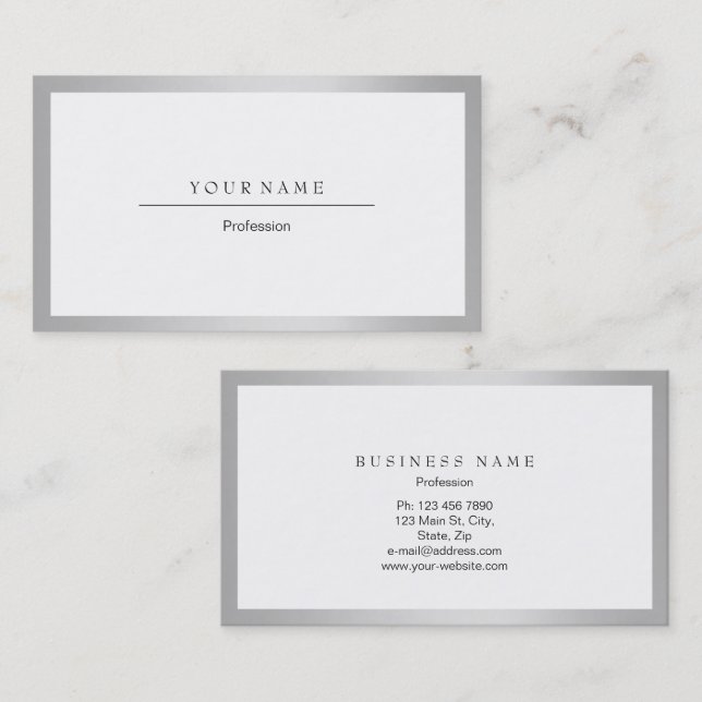 Silver Grey White Frame Minimal Metallic Event Pla Business Card (Front/Back)