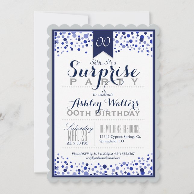 Silver Grey, White, Navy Blue Surprise Party Invitation (Front)