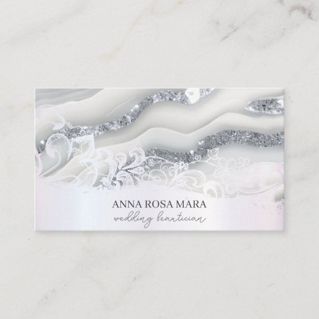 *~* Silver Grey White Ornate QR Agate  AP66 Glam Business Card (Front)