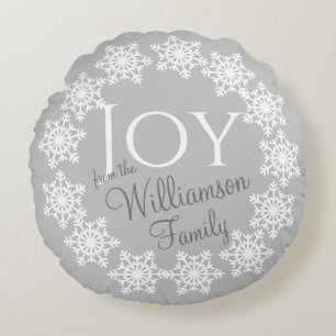 Silver Grey White Snowflake JOY Christmas Family Round Pillow