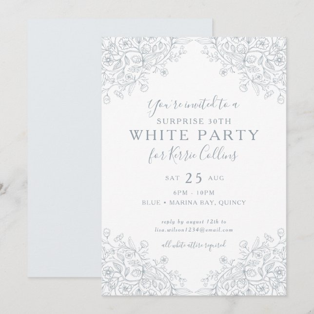 Silver Grey Wildflower Florals 30th Birthday Invitation (Front/Back)
