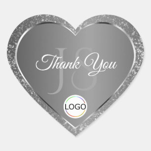 Silver Grey with Logo Initials Glitter Thank You Heart Sticker