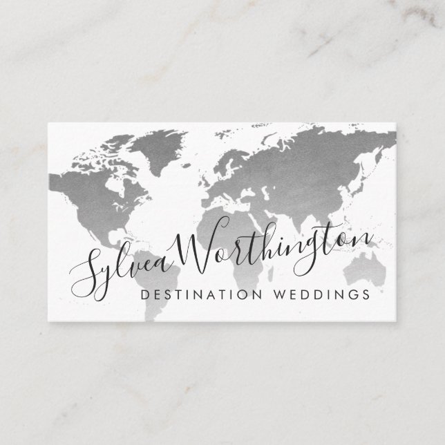Silver Grey World Map Travel Industry Business Card (Front)