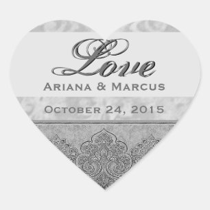 Silver Grunge Wedding Damask and Ribbon V03 Heart Sticker