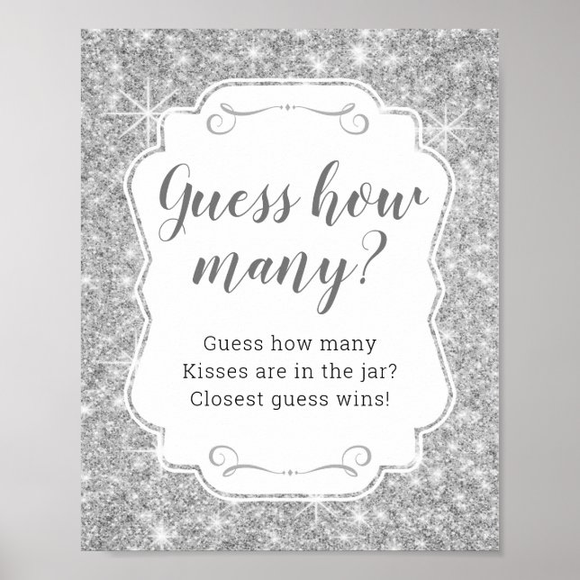 Silver Guess How Many Kisses Bridal Shower Game Poster (Front)