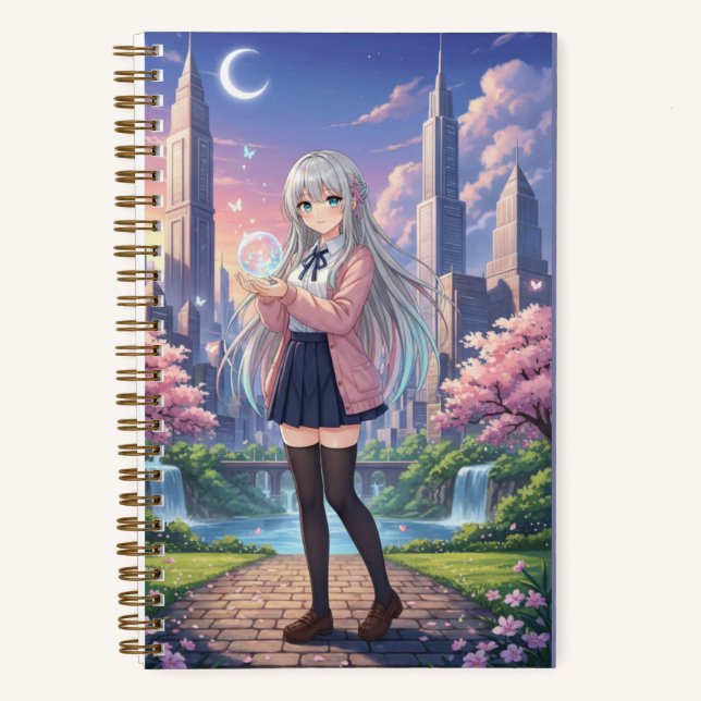 Silver Hair Anime Girl & Glowing Butterfly Orb Notebook (Front)
