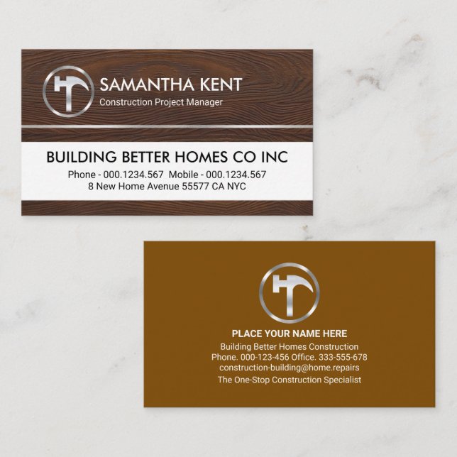 Silver Hammer On Timber Wood Grain Business Card (Front/Back)