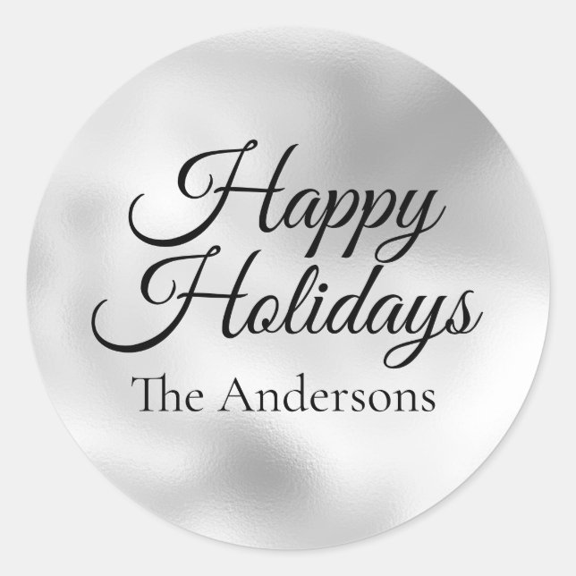 Silver Happy Holidays Family Name Classic Round Sticker (Front)