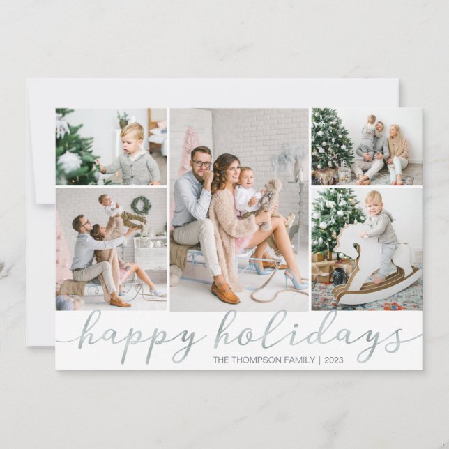 Silver Happy Holidays Photo Card Five Pictures (Front)