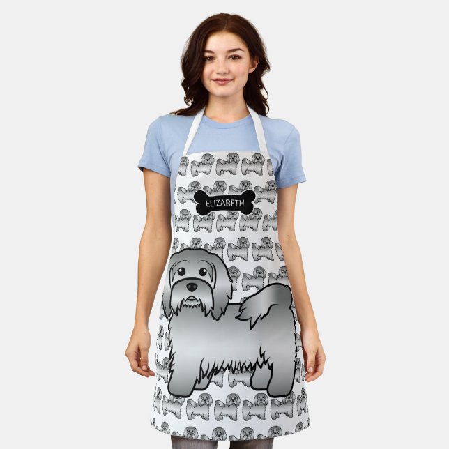 Silver Havanese Cartoon Dog Illustration & Name Apron (Worn)