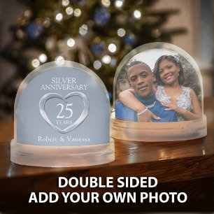 Silver heart 25th wedding anniversary custom name snowglobe