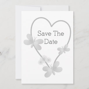 Silver Heart And Butterflies Wedding Save The Date Announcement
