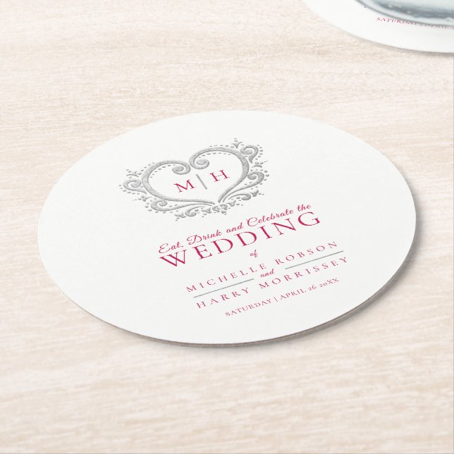 Silver heart berry red wreath monogram wedding round paper coaster (Angled)
